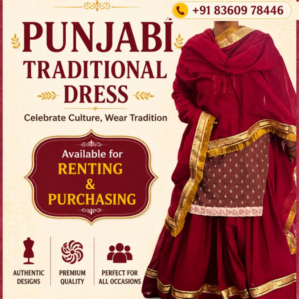 “Punjabi traditional dress available. Contact for renting and purchasing Punjabi outfits.” Phone number shown: +91 83609 78446