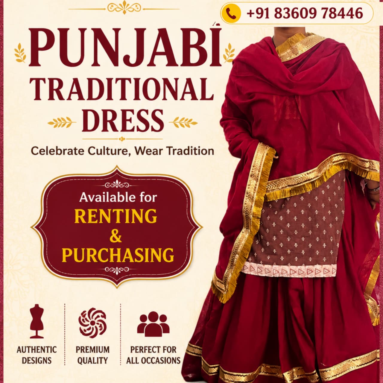 “Punjabi traditional dress available. Contact for renting and purchasing Punjabi outfits.” Phone number shown: +91 83609 78446