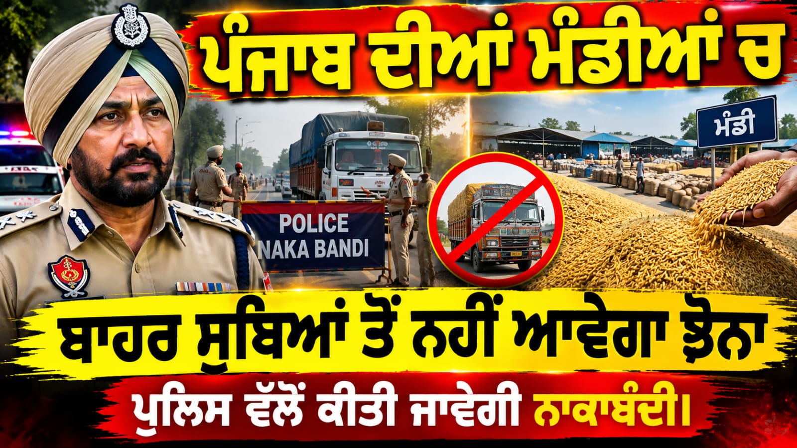 ਪੰਜਾਬ ਦੀਆਂ ਮੰਡੀਆਂ ਵਿੱਚ ਬਾਹਰਲੇ ਸੂਬਿਆਂ ਤੋਂ ਝੋਨਾ ਆਉਣ ਤੋਂ ਰੋਕਣ ਲਈ ਪੁਲਿਸ ਵੱਲੋਂ ਕੀਤੀ ਜਾਵੇਗੀ ਨਾਕਾਬੰਦੀ।